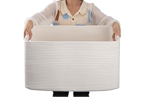 OIAHOMY Grand panier en corde de coton avec poignée – Panier de rangement tissé pour couvertures, jouets, salon et chambre d'enfant – 75 l – Blanc