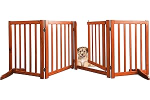 FAIRYCITY Freestanding dog gates wooden pet gate with walk through door,M-shaped folding Indoor dog gate with 2PCS Support Feet pet enclosure for Doorways, Stairs or House(4 Panels)