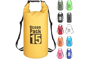 MORAINJAY Jaune 15L Sac étanche Polyvalent, 2L/5L/10L/15L/20L/30L Waterproof Dry Bag avec Longue Bandoulière Réglable Sac à Dos Confort Imperméable pour Bateau/Kayak/Pêche/Rafting/Natation/Camping/Snowboard