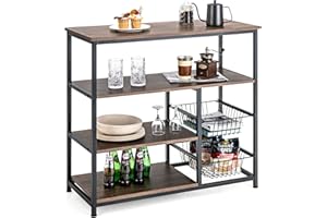 COSTWAY Kitchen Baker's Rack, Industrial Microwave Oven Stand with Wire Basket & S-Hooks, Freestanding Utility Storage Shelf Organiser for Spices Utensils Pots Pans (2 Baskets, without Hooks)