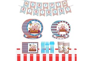 PIUMOJ Zirkus Partygeschirr Set, Zirkus Kindergeburtstag Geschirr Set, Karneval Geburtstag Party Set, Pappteller, Pappbecher, Servietten, Karneval Zirkus Party Tableware Set, 10 Gäste