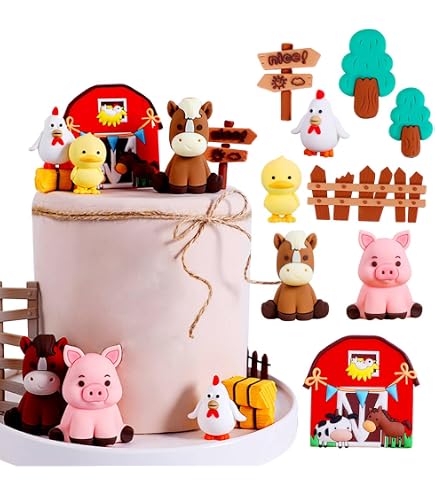Bauernhof Tier Cake Topper Set – 11-teilig | Für Kuchen & Cupcakes | Kuh, Schwein, Huhn, Pferd, Bäume