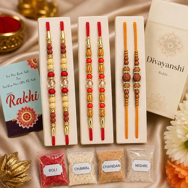 Divayanshi Premium Pearl Rakhi Set of 6 for Brother | Handmade Designer Beaded Rakhi Threads | Raksha Bandhan Gift with Roli Chawal & Premium Display Card