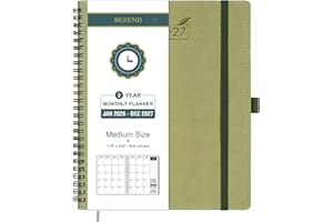 BEZEND Month to View Diary 2026-2027 with Notes (Jan 26 - Dec 27), Monthly Planner 23.4 x 19.6cm - 120 GSM Thick Paper, 2 Year Spiral Calendar with Tabs & Storage Pockets, Soft Cover, Kiwi