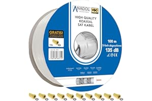 [TEST SEHR GUT *] Anadol 100m Brandschutz Koaxialkabel 135dB, 5fach geschirmt, 7mm, Koaxial Satkabel, Antennenkabel, Fernsehkabel, Coax Sattelittenkabel, TV Sat Koax Kabel, 10 F-Stecker gratis