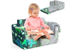 COSTWAY Kids Couch, 2-in-1 Glow in The Dark Toddler Sofa Couch to Lounger Bed, Comfy Fold Out Children Sofa Chair Convertible Armchair Gift for Boys & Girls (Grey Dinosaur)