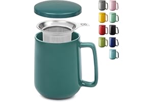 Cosumy Tasse à Thé avec Infuseur et Couvercle 500ml Grand - Céramique - Reste Chaud Longtemps - Bleu-vert