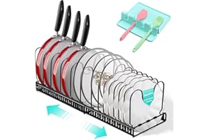 Swetfela Organizador Sartenes con 1 Portacucharas,14 Compartimentos Ajustable Organizador Sartenes y Ollas Cajon,Extensible Organizador de Sartenes para Almacenamiento de Sartenes,Tapas de Ollas