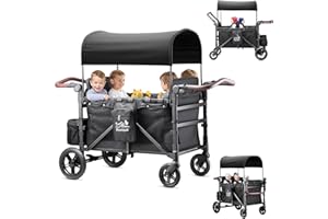 ROVIQUE Bollerwagen faltbar mit Dach 4 Kinder,Handwagen faltbar Kinderwagen Baby Bollerwagen mit Dach,abnehmbarem Tablett,5-Punkt-Gurt,verstellbarem Griff,hohem Sitz und großem Stauraum, Schwarz