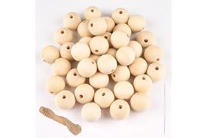 WINKIO 30mm Holzkugeln mit Loch, 42 Stück Holzperlen zum Auffädeln, Runde Holzperlen Natur, Unbehandelte Perlen Holz mit Bastelseilen für basteln DIY Schmuck Armband Halskette (NATURAL, 30MM)