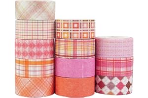 YUBX Basic Grid Washi Tape Set 12 Rolls Plaid Decorative Masking Tapes for Arts, DIY Crafts, Journals, Planners, Scrapbook, Wrapping (Pink)