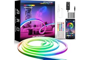BUNACET Neonowa taśma LED, 8 m, RGB + IC, neonowa taśma LED, 24 V, wodoszczelność IP65, neonowa taśma świetlna, 864 diody LED, elastyczna taśma LED, z pilotem zdalnego sterowania i zasilaczem,