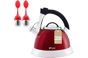 Pykal Bouilloire Sifflante pour Cuisinière - 2,8 L - Bouilloire à Thé avec Poignée iCool en Inox - Theiere Electrique 5 PLY avec 2 Infuseurs pour Feu à Gaz ou Induction - Rouge