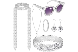 NSWAYY Accessoire Disco, 7Pcs Déguisement Disco Accessoire, Accessoires de Costume Disco, Boucles d'Oreilles, Bandeau Paillettes, Lunettes de Soleil, Collier, Bracelet et Cravate en Strass pour Soirée Disco
