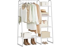 SONGMICS Stand Appendiabiti, Appendiabiti da Terra, 5 Ripiani Portaoggetti, Struttura in Metallo, 40 x 101,7 x 153,3 cm, Camera da Letto, Soggiorno, Ingresso, Bianco Nuvola HSR138W01