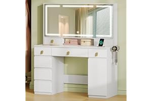 Hzuaneri Dressing Table, Large HD Mirror, Vanity Desk with 3 Color LED Lights, Adjustable Brightness, Vanity Table with Power Strip and Hair Dryer Rack, 8 Drawers, 1 Storage Cabinet, White DT42003XUK