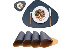 ‎MIIDD Platzsets Abwaschbar Leder,Tischsets Abwaschbar Rund,Platzdeckchen Abwaschbar Rund,Tischset Lederoptik,Doppelseitigen Platzset und Untersetzer Teller 4er Set Oval(Blau&Gelb)