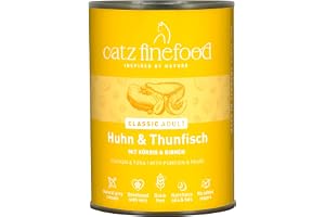 catz finefood N° 25, kyckling och tonfisk, finmat, kattmat, våt, raffinerad med pumpa och nypon, 6 x 400 g burkar