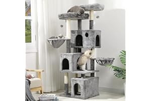 MSmask - Albero tiragraffi per gatti, con 2 piattaforme e 3 tane, albero da arrampicata stabile (156 cm, grigio chiaro)
