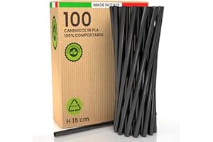 BACIATO CAFFÈ 100 Cannucce Larghe Jumbo in Bioplastica 100% Rigide Ecologiche - 15 cm x 8 mm, Biodegradabili Compostabili Riutilizzabili, Made in Italy - Ideali per Bevande, Cocktail, Eventi e Feste – Colore Nero