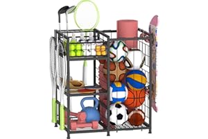 Nandae Rangement pour Équipements Sportifs, Porte Balles de Garage avec Sangles Élastiques & Panier, Support Multifonction pour Ballons, Raquettes, Tapis de Yoga, Skateboard, Noir