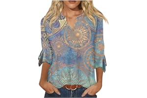 RMBLYFEIYE Shirt Damen 3/4 Arm Blumen Bedruckt Trompetenärmel T Shirt V Ausschnitt Sommer Bluse Frauen Basic Shirt Musselin Bluse Festliche Oberteile Leichte Tunika Bluse Bequem Hemdbluse Ausgefallene Shirt