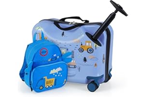 COSTWAY 2 PCS Kids Luggage Set, 4L Backpack + 17L Ride-on & Carry-on Hardshell Suitcase with Wheels and Height Adjustable Handle, Travel School Trolley Case for Boys Girls (Vehicle, Blue)