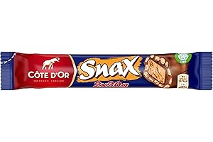 MONDELEZ INTERNATIONAL Côte d'Or Snax Big Size - Barre Chocolat au Lait Fourrée au Caramel, Biscuit et Riz Soufflé - Nouvelle Recette - 2 x 30 g - Présentoir de 25 Barres