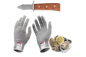 Kaqisen Coltello Ostriche Set, Includere 6,7 Pollice Coltello da Ostriche e Paio Guanti Resistenti al Taglio di Grado 5, Manico in Quercia di Grado A, per Crostacei o Formaggi a Pasta Dura (L)