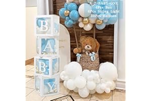 PATIMATE Baby Shower Decorations Boxes for BABY, 30 Blue&White Balloons, 4 Transparent Balloon Boxes with 4 Light Strings and 33 Letters (BABY+ONE+A-Z), Baby Blocks for Baby Shower, Birthday Party Decorations