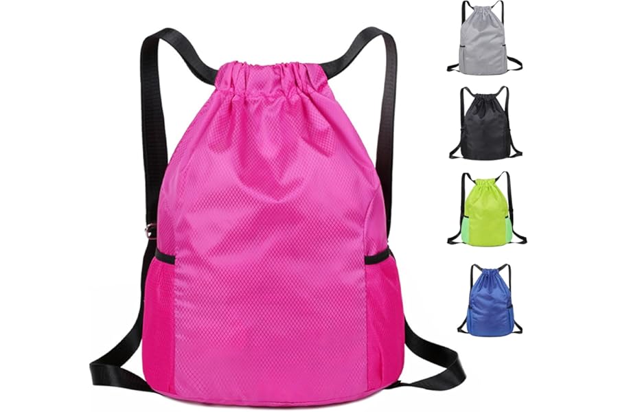 Drawstring Bag, Unisex Large Sports Backpack String Drawstring PE Bags, Sport Gym Sack have Two Side Pockets, Waterproof Travel Beach Swim School Bag