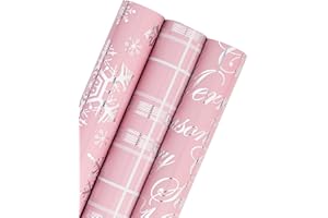 RUSPEPA Christmas Wrapping Paper Roll - Mini Roll - 3 Rolls - 43.2cm x 305m Per Roll - Pink with Silver Metallic Foil Snowflake, Plaid, "Merry Christmas" Lettering