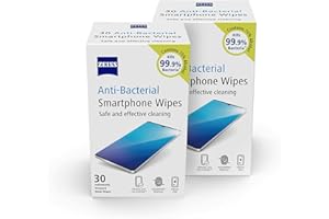 ZEISS Anti-Bacterial Smartphone Screen Wipes, for Computers, Cameras and Binoculars, Individually Packed Single Use Disposable Cloths in Sachets, 70 Percent Alcohol, White, One Size (pack of 2)