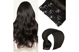 ‎VINBAO VINBAO Schwarz Clip in Extensions Echthaar Remy Clip in Echthaar Gerade Clip in Echthaarverlängerung Unsichtbar Remy Haar Clip für Frauen 18 Zoll 120g 6 Stück dickes Haar (#1B,45cm)