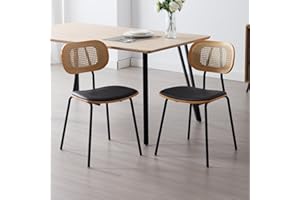 chairus Zestaw 2 krzeseł do jadalni ze skóry PU, krzesła kuchenne z rattanowym oparciem, bez podłokietników, krzesło akcentujące z metalowymi nogami, do salonu (czarne)