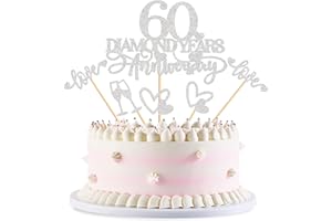 Blumomon 25Pcs 60th Wedding Anniversary Cake Toppers Silver Glitter 60th Diamond Weddding Anniversary Heart Cake Decoration for Celebration 60th Wedding Anniversary Party Supplies