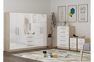 UNIQUE FURNISHINGS LTD High Gloss White 6 Door Wardrobe bedroom set with chest and 2 bedsides