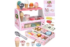 Cexovo Eisdiele Kinder Holz Eisdiele Eisladen EIS Spielzeug für Kinder Einkaufsladen Eiscreme Kinderküche Zubehör ab 3 Jahre mit Spielgeld,Kaufladen Zubehör Holz,Montessori Spielzeug Mädchen Pink