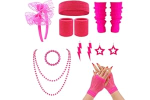 S.F.PACHIRA 80s Outfit Women's Accessories Set, 80s Workout Costume, Retro Party Supplies, 14 Pieces with Earrings, Bracelet, Necklace, Mesh Gloves, Headband, Neon Leg Warmers (Rose Red)