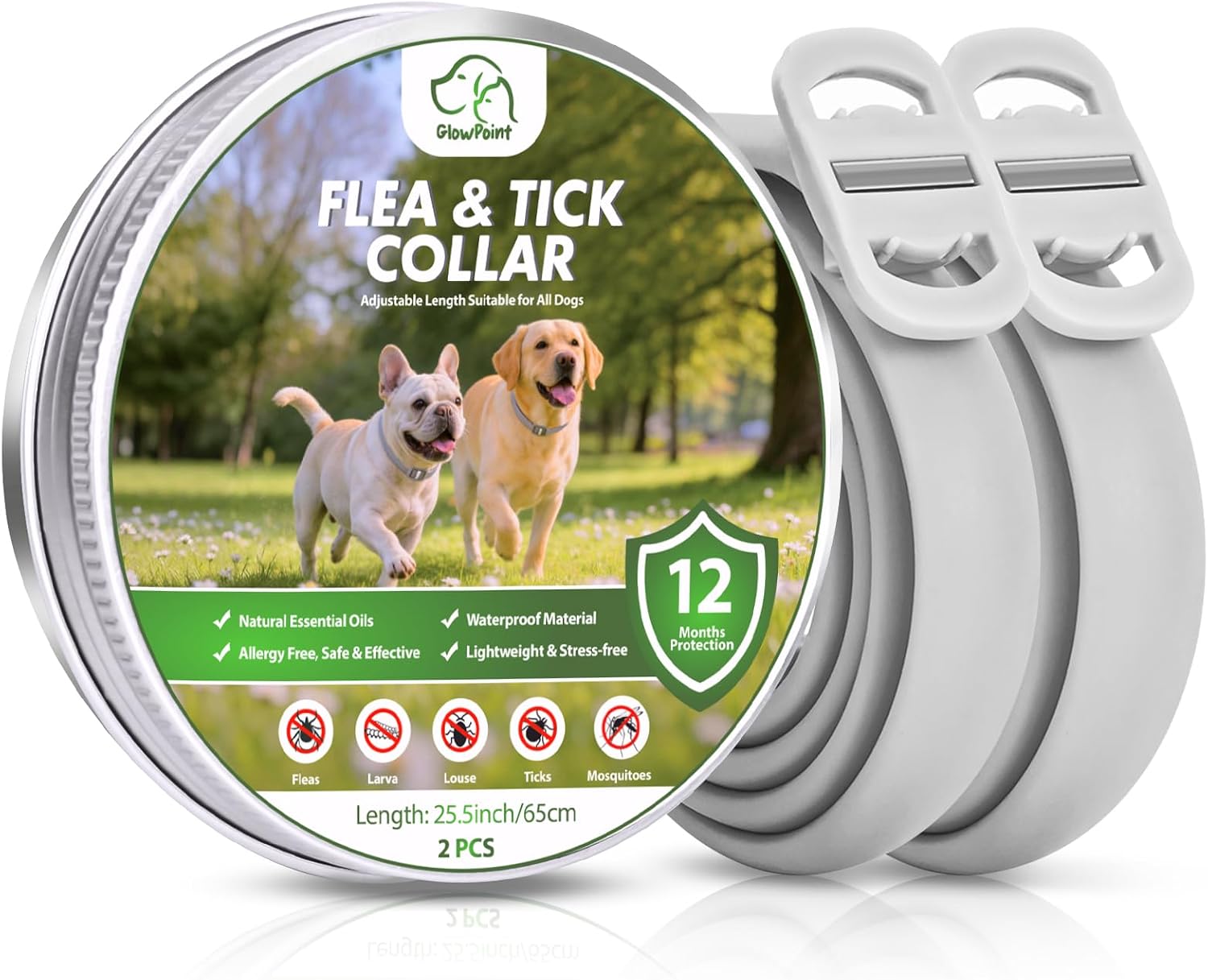 Collar Antiparasitario Perros, 2 Piezas Collar Ajustable y Resistente al Agua para 12 Meses, Repelente Duradero para la Prevención de Parásitos en Razas Pequeñas, Medianas y Grandes (65 cm)