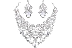 Clearine Femme Boho Cristal Goutte Tige Floral Filigrané Feuille Collier Plastron Penante Boucles d'oreille Bijou Série