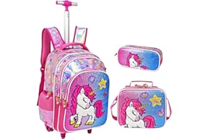 IVYH Zaino Trolley Scuola per Ragazze, Zaino Scuola Primaria per Bambini Zaini con Carrello e Borsa Pranzo e Astuccio PU Zaino 2 Ruote Trolley