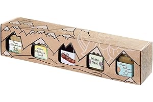 ‎PUNTZELHOF ALLGÄUER DELIKATESSEN Allgäuer Genuss-Box | 5x Spezialitäten-Gläser: 4x Feinkost-Senf (Bergkräuter, Bärlauch, Feigen, Birnen) & 1x Chili-Paprika-Gelee in der Geschenkbox