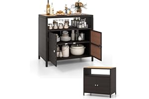 KOMFOTTEU Armario de Jardín de Ratán, Aparador con Encimera de Madera de Acacia, Cobertizo de Mimbre con 2 Puertas y Estante Abierto, Mueble de Almacenaje Exterior Terreza, 90 x 53 x 86 cm (Marrón)