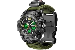 SMILKAT 23-in-1 Survival Military Digital Watch, Mens Tactical Multi-Functional and Adjustable Wristband Outdoors Waterproof Sports Dual Dial Watches with Compass Paracord Band