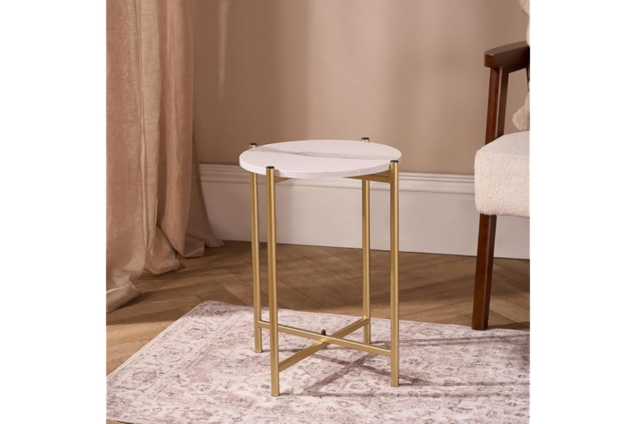 OHS Side Table Living Room, White Mable Top Round Coffee Table with Gold Sturdy Metal Frame Decorative Small Table Nightstand Bedside Tables for Bedroom Living Room Home Office