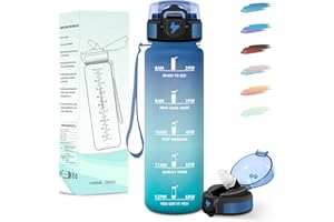 Motswedi Gourde 1l, avec Paille, Gourde Sport, Anti-Fuite, Bouteille, Réutilisable, Bouteille d'eau, avec Marqueur de Temps, pour Fitness, Yoga, Sport, Camping, Gym, Travail, Bleu Vert