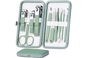HANTEKAS Maniküre-Set 10 in 1 aus Edelstahl, Nagelknipser, Schere, Pediküre-Werkzeuge – Tragbares Reise-Pflegeset für Männer und Frauen mit Lederetui (Jadegrün)