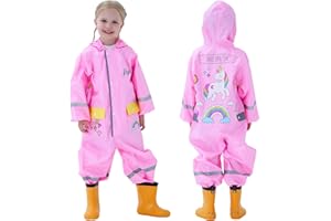 HOVKIB Kids Raincoats Girls Boys Puddle Suit Waterproof All In One Rainsuit Children Hooded Rain Coat Cute Cartoon Rainsuit Muddy Suit Reusable Rain Jacket Rainwear 1-10 Years