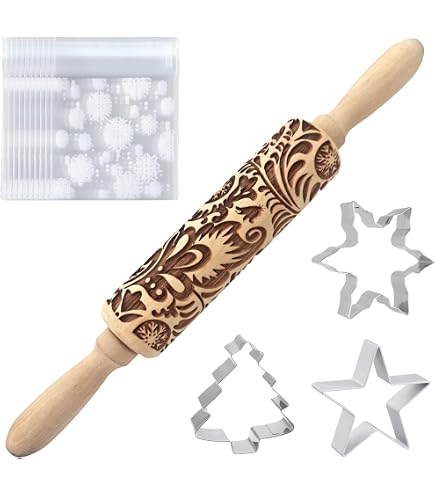 Mattarello Legno, Mattarello con Motivo di Elementi Natalizi per Biscotti Fai da Te per Impastare e Stendere Pasta Fresca, Accessori Da Cucina, Utensili Da Cucina